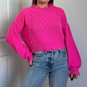 Neon Pink Distressed Crop Cable Knit Sweater